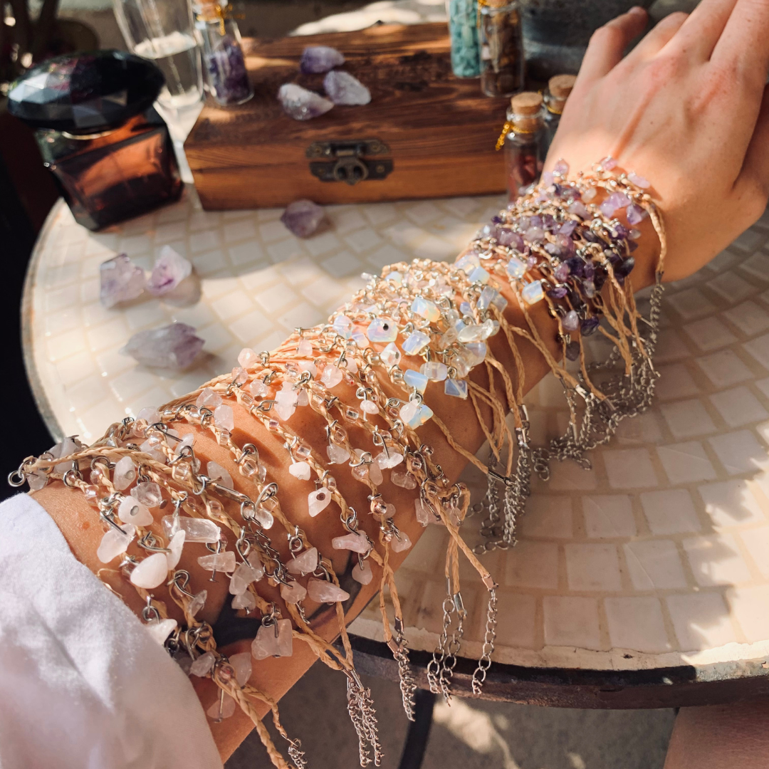 Charm Bracelet Made of Natural Crystal & Braided Bamboo